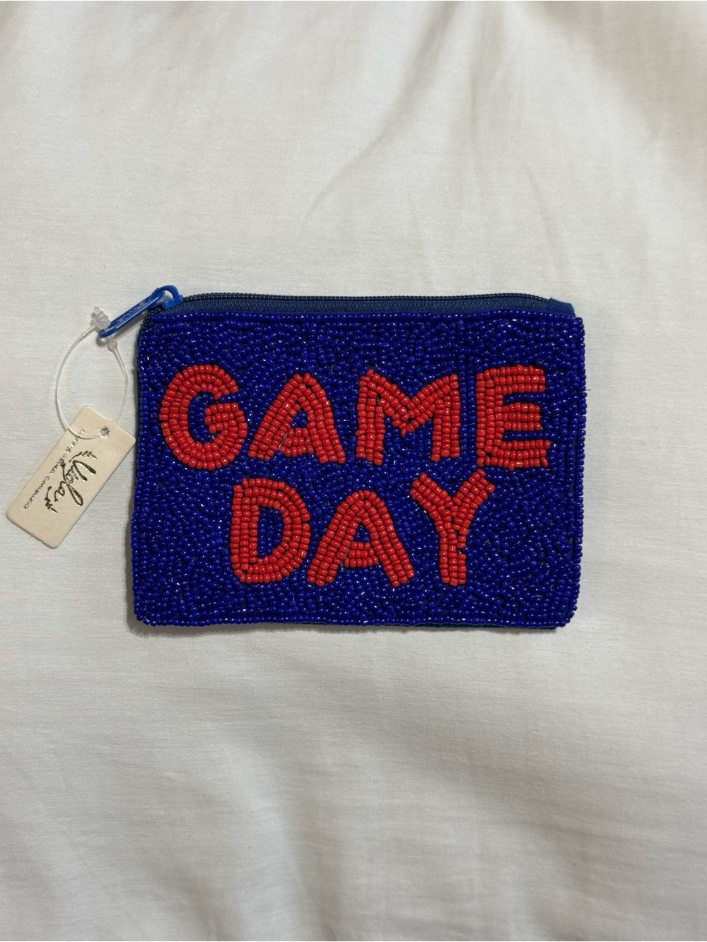Beaded 'GAME DAY' Zip Pouch - Blue with Red Lettering
